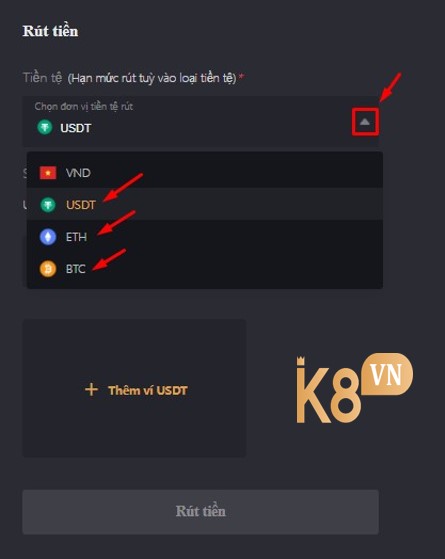 Rút tiền k8 qua Crypto